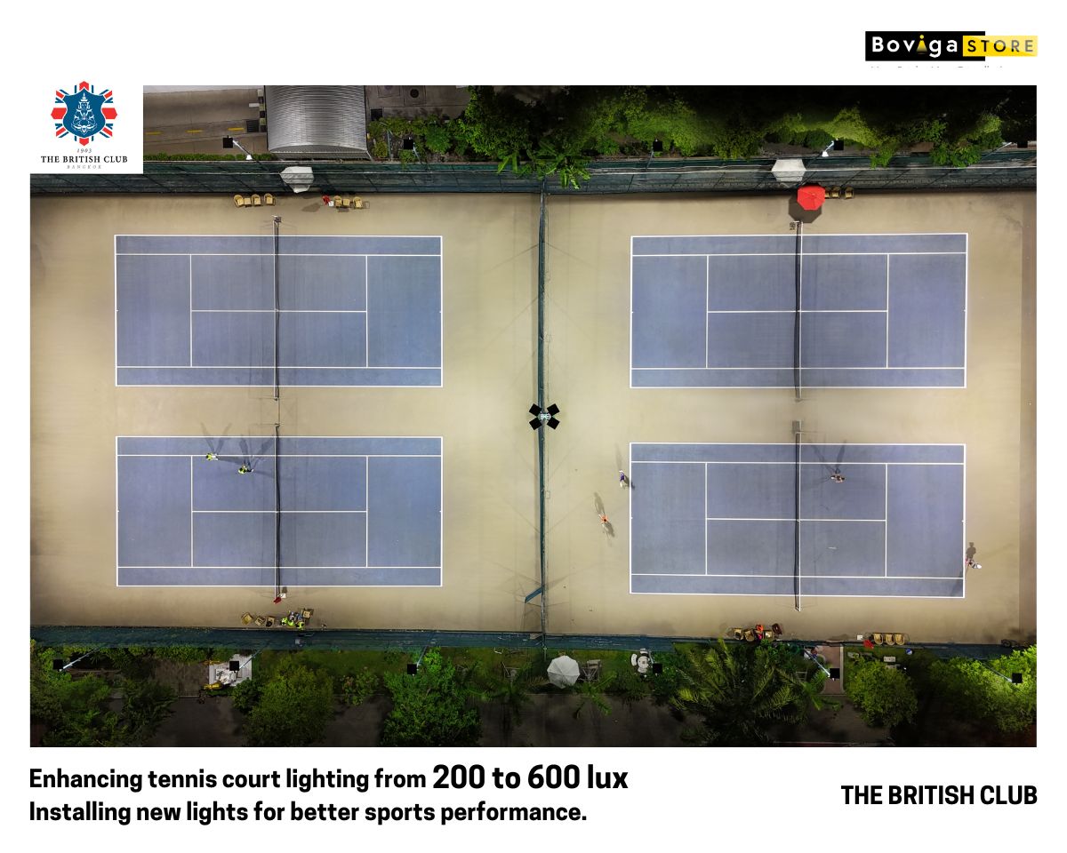การปรับปรุงแสงสว่างสนามเทนนิส THE BRITISH CLUB จาก 200 Lux เป็น 600 lux  โดยการติดตั้งโคมไฟแทนที่โคมเดิม เพื่อเสริมประสิทธิภาพในการเล่นกีฬา