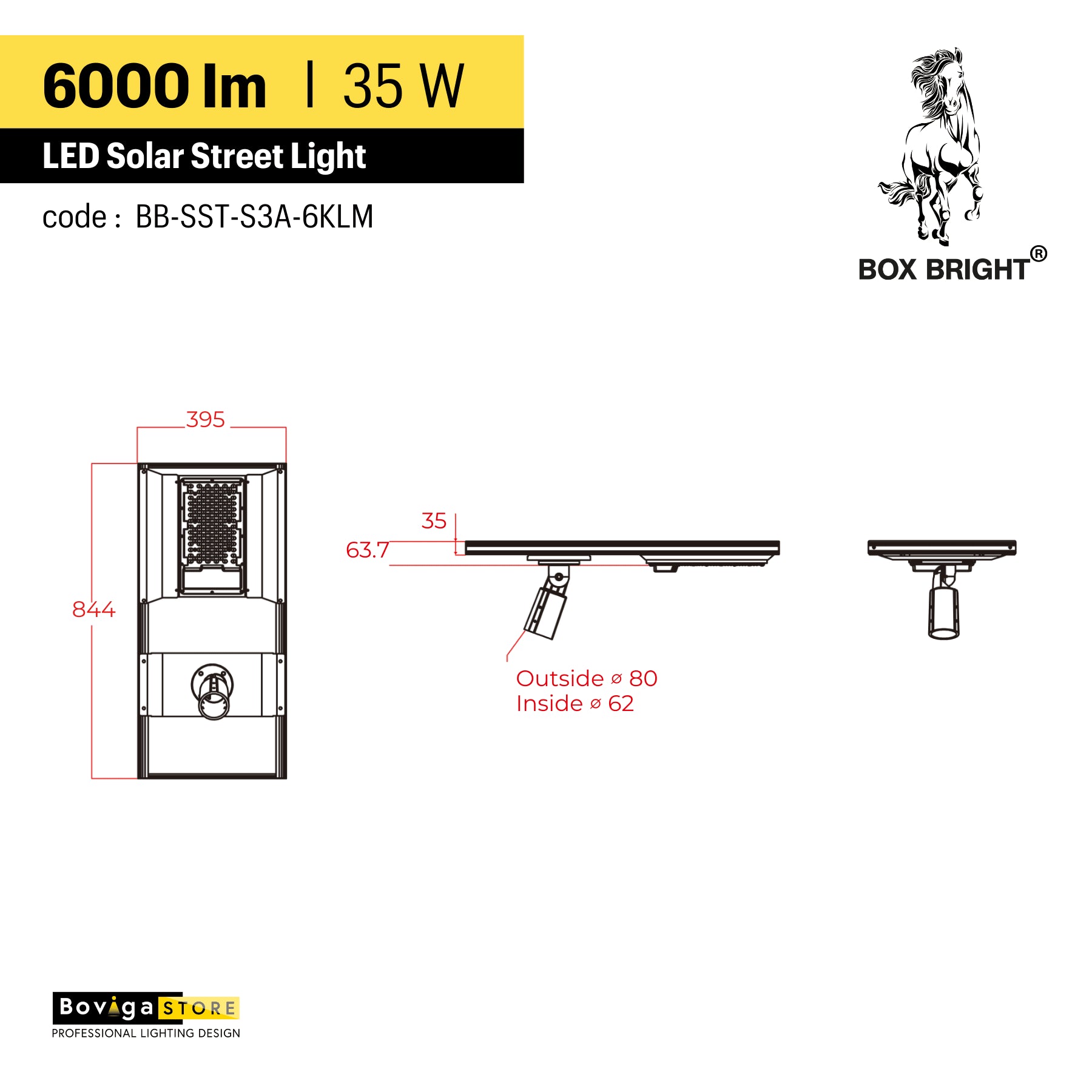 6000 lm ~ โคมไฟถนนโซล่าเซลล์ รุ่น Series3A BOX BRIGHT | ความสูงติดตั้งแนะนำ 5 - 6 เมตร