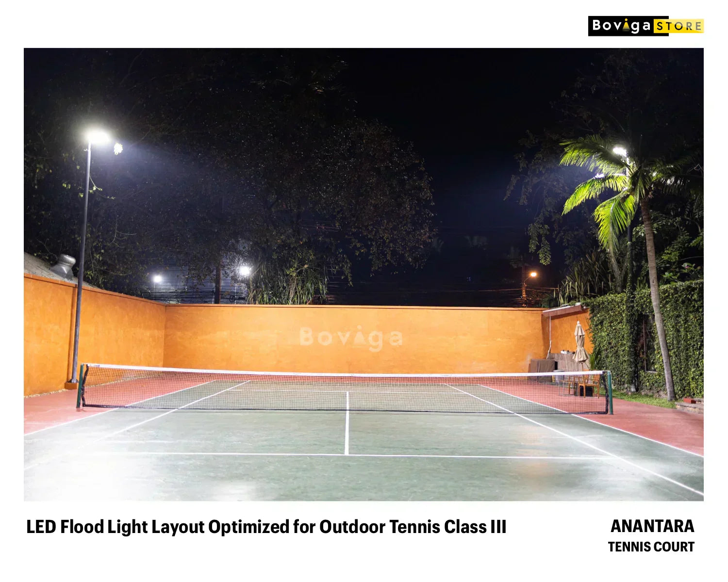 โคมไฟ led flood light 600w ติดตั้งบนเสาสูง 8 เมตร สำหรับส่องสว่าง สนามเทนนิส 