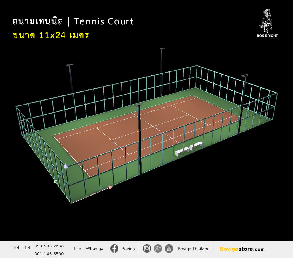 สนามเทนนิส ( OUTDOOR ) แบบ 1 คอร์ท ขนาดพื้นที่ กว้าง 11 x ยาว 24 เมตร ติดตั้งโคมไฟ LED Flood Light เสาสูง 8 เมตร ค่าความสว่างมาตรฐาน Class III 200 lux