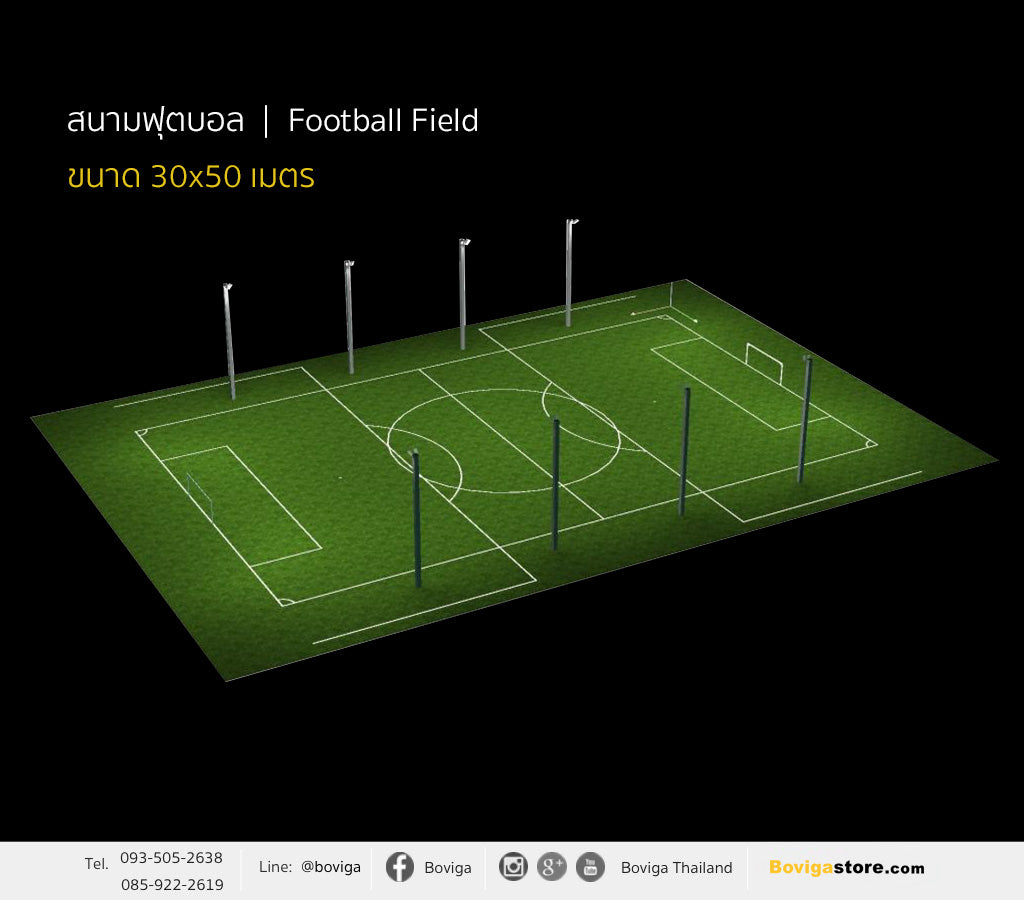 ขนาดสนามฟุตบอล กว้าง 30 x ยาว 50 เมตร ติดตั้งโคมไฟ LED Flood Light เสาสูง 8 เมตร ค่าความสว่างมาตรฐาน Class III 75 lux