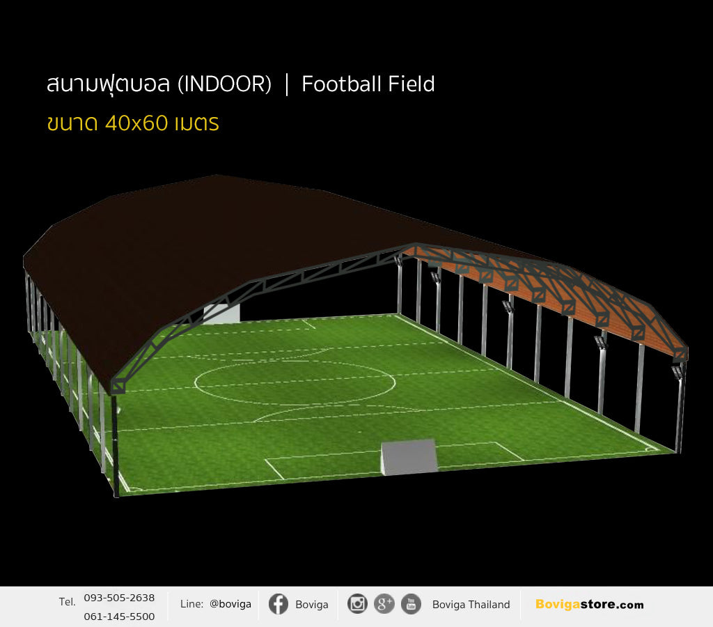 ขนาดสนามฟุตบอล กว้าง 40 x ยาว 60 เมตร (INDOOR)ในร่มแบบมีหลังคา ค่าความสว่างมาตรฐาน Class III 75 lux