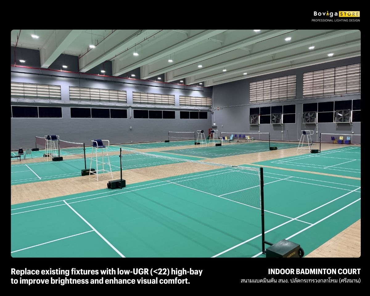 ปรับปรุงแสงสว่างสนามแบดมินตัน 6 สนาม ด้วย High Bay Low UGR และ Smart Lighting