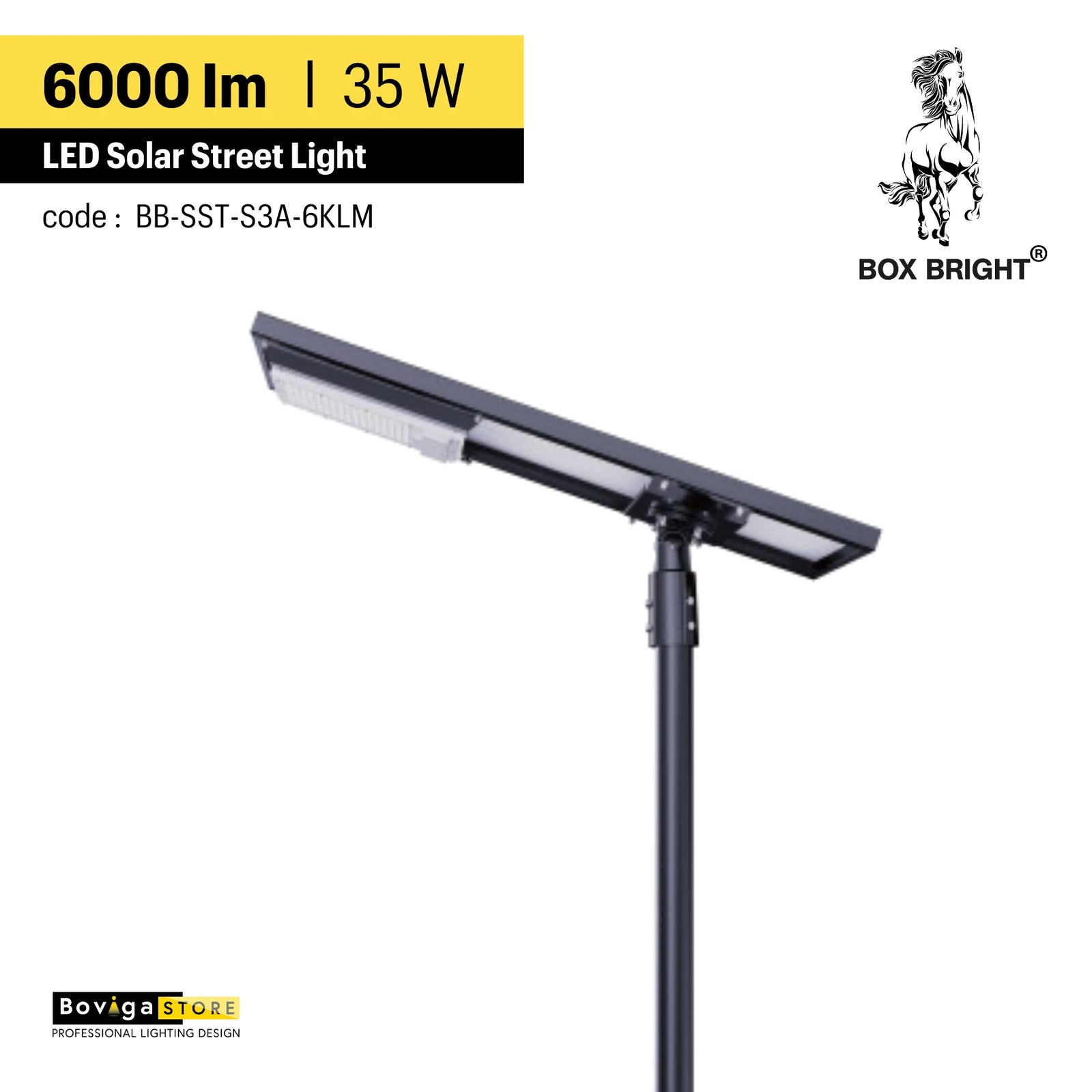 6000 lm ~ โคมไฟถนนโซล่าเซลล์ รุ่น Series3A BOX BRIGHT | ความสูงติดตั้งแนะนำ 5 - 6 เมตร