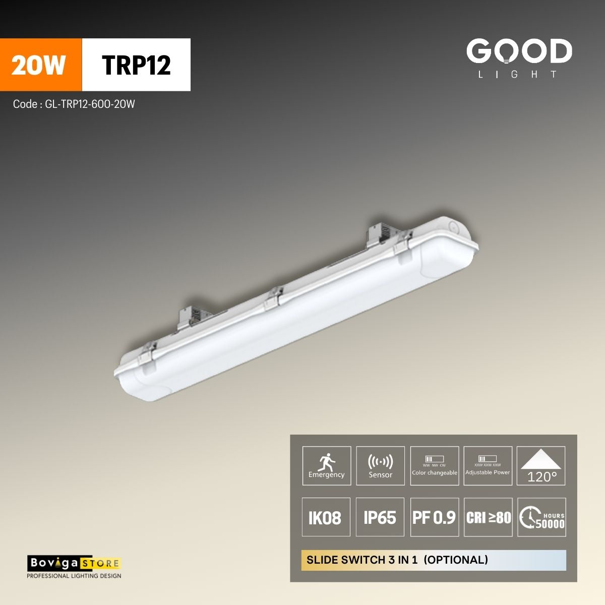 โคมไฟกันน้ำกันฝุ่น Tri-proof LED รุ่น TRP12 แบรนด์ Good Light ขนาเ 20W ความยาว 600mm